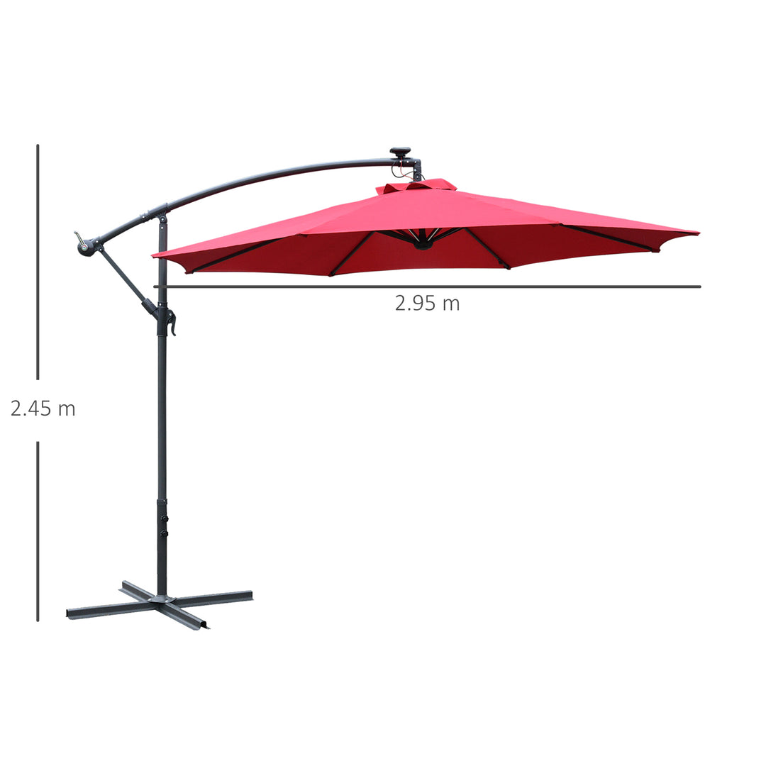 3m LED Patio Banana Umbrella Cantilever Parasol w/ Crank Cross Base Hanging Offset Umbrella Frame Steel  Aluminium Garden Table Outdoor Red