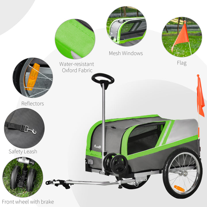 PawHut Dog Bike Trailer Two-In-One Trolley Stroller Cart Bicycle Carrier for Cat Puppy Travel w/ Reflectors Red Flag – Green