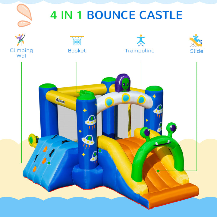 Outsunny 4 in 1 Kids Bounce Castle Large Alien-Style Inflatable House Slide Trampoline Climbing Wall Basket with for Kids Age 3-8, 3.2 x 2.4 x 2m