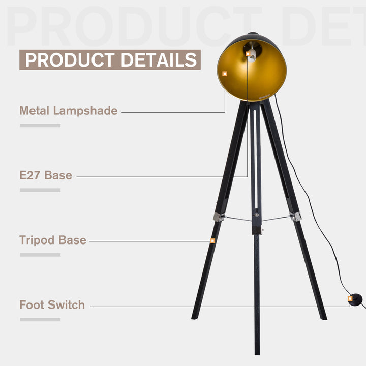 Industrial Floor Lamp for Living Room Tripod Spotlight Reading Lamp w/Wood Legs Metal Shade Adjustable Height Angle Black and Gold