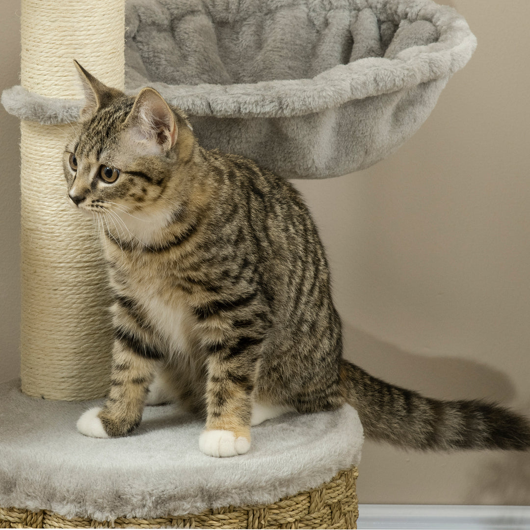 Cat Tree, 115cm Cat Climbing Tower, kitten Activity Centre with Fluffy House and Hammock, Jute Scratching Post and Hanging Ball, Light Grey