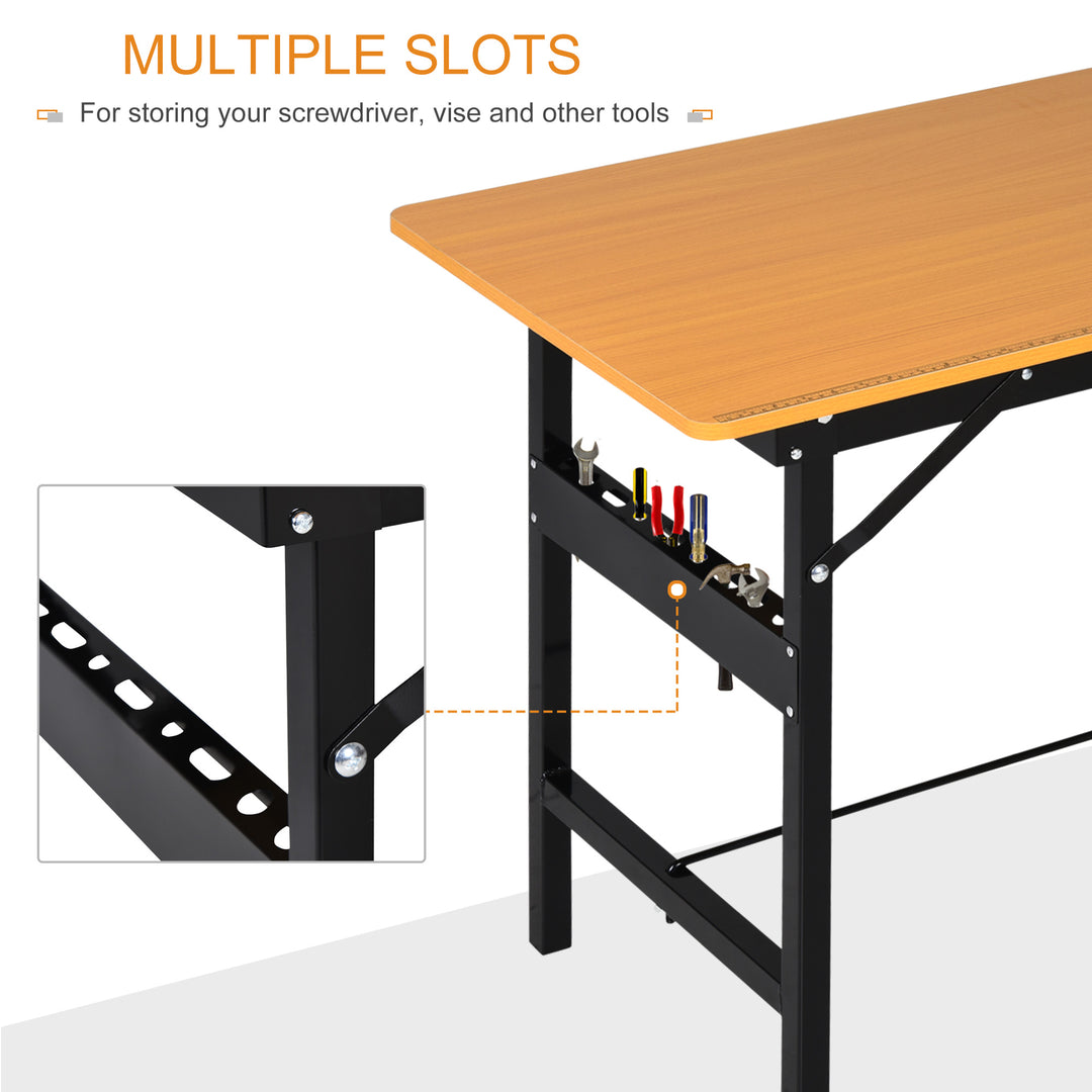 Foldable Garage Work Bench, Craft Table MDF Workstation, Heavy-duty Steel Frame with Ruler, Protractor