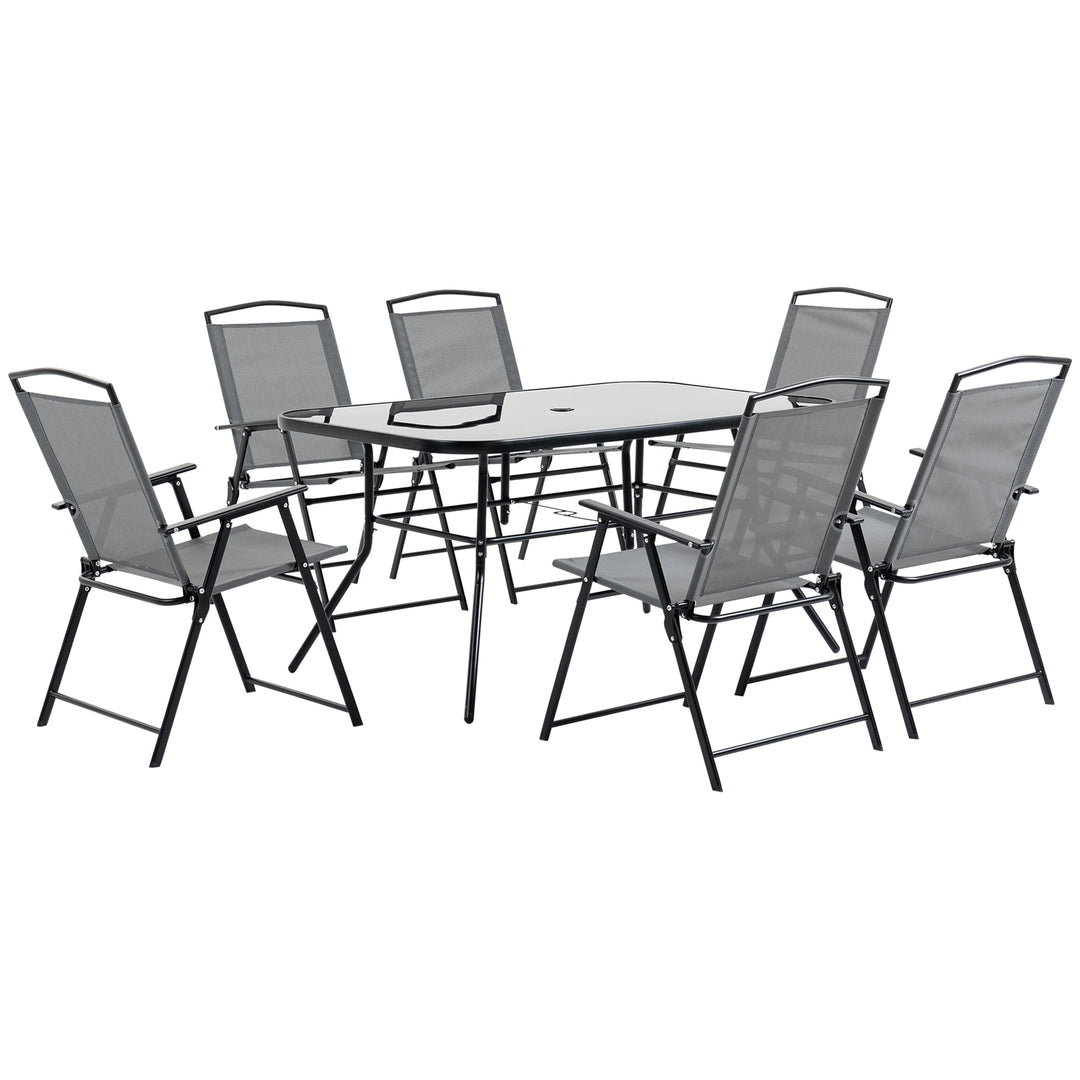 7 Piece Garden Furniture Set with Glass Dining Table and Folding Chairs, 6 Seater Outdoor Patio Furniture for Deck and Balcony, Black
