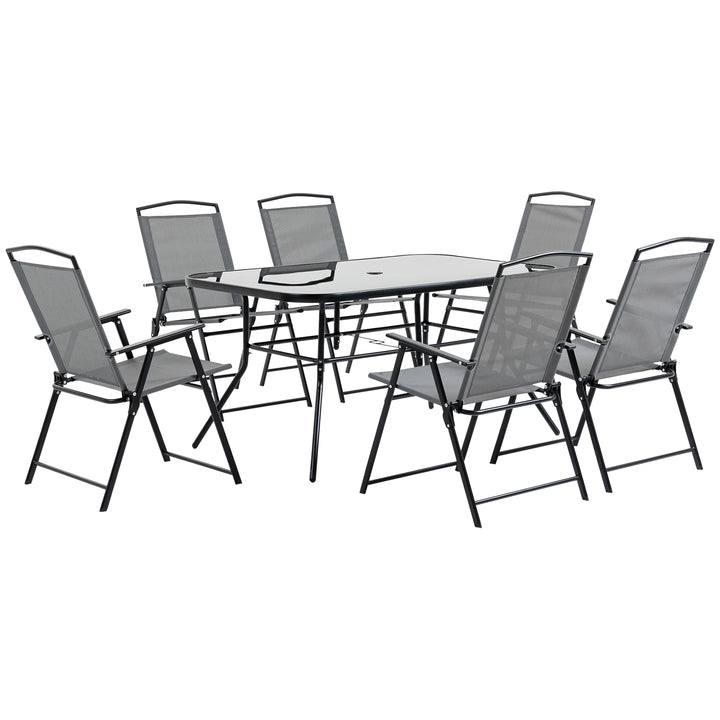 7 Piece Garden Furniture Set with Glass Dining Table and Folding Chairs, 6 Seater Outdoor Patio Furniture for Deck and Balcony, Black