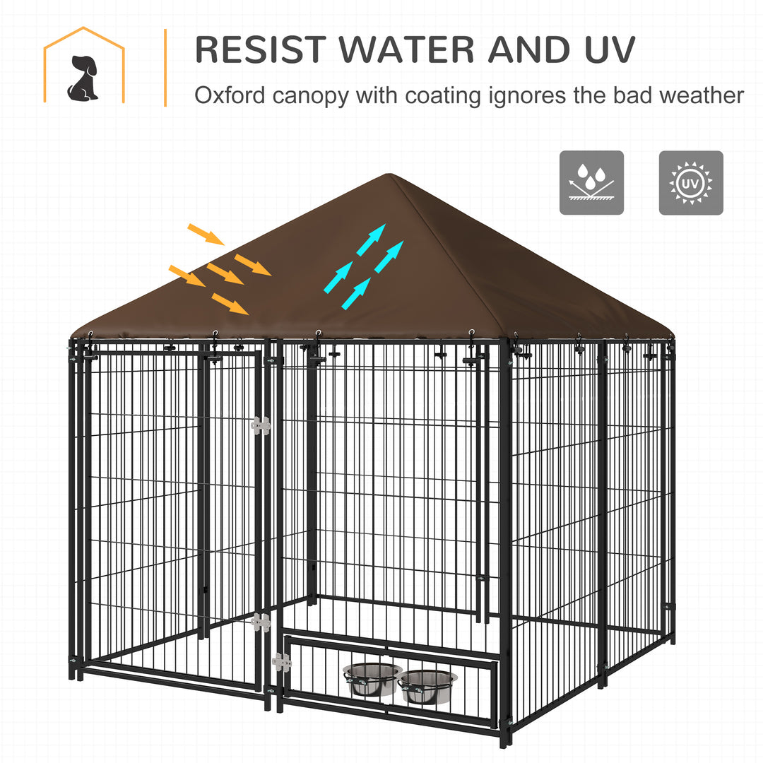 PawHut Outdoor Dog Kennel Puppy Play Pen with Canopy Garden Playpen Fence Crate Enclosure Cage Rotating Bowl 141 x 141 x 151 cm