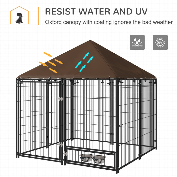 PawHut Outdoor Dog Kennel Puppy Play Pen with Canopy Garden Playpen Fence Crate Enclosure Cage Rotating Bowl 141 x 141 x 151 cm