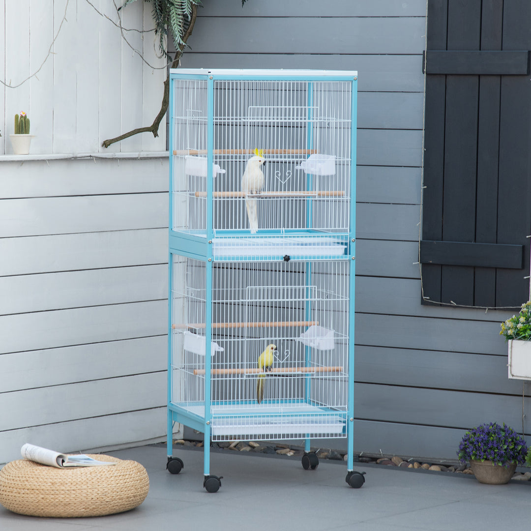 2 In 1 Large Bird Cage Aviary for Finch Canaries, Budgies with Wheels, Slide-out Trays, Wood Perch, Food Containers, Light Blue