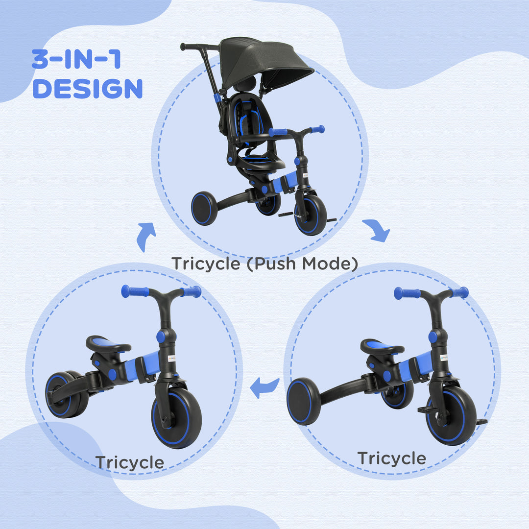 3-in-1 Tricycle for Kids with Aluminium Frame, Baby Trike with Adjustable Push Handle, Canopy and Seat Angle for 18-48 Months, Blue