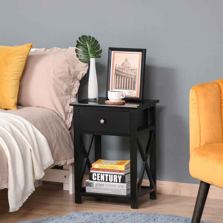 Traditional Accent End Table With 1 Drawer,X Bar Bottom Storage Shelf, for Living Room Bedroom Room 40L x 30W x 55H cm - Black