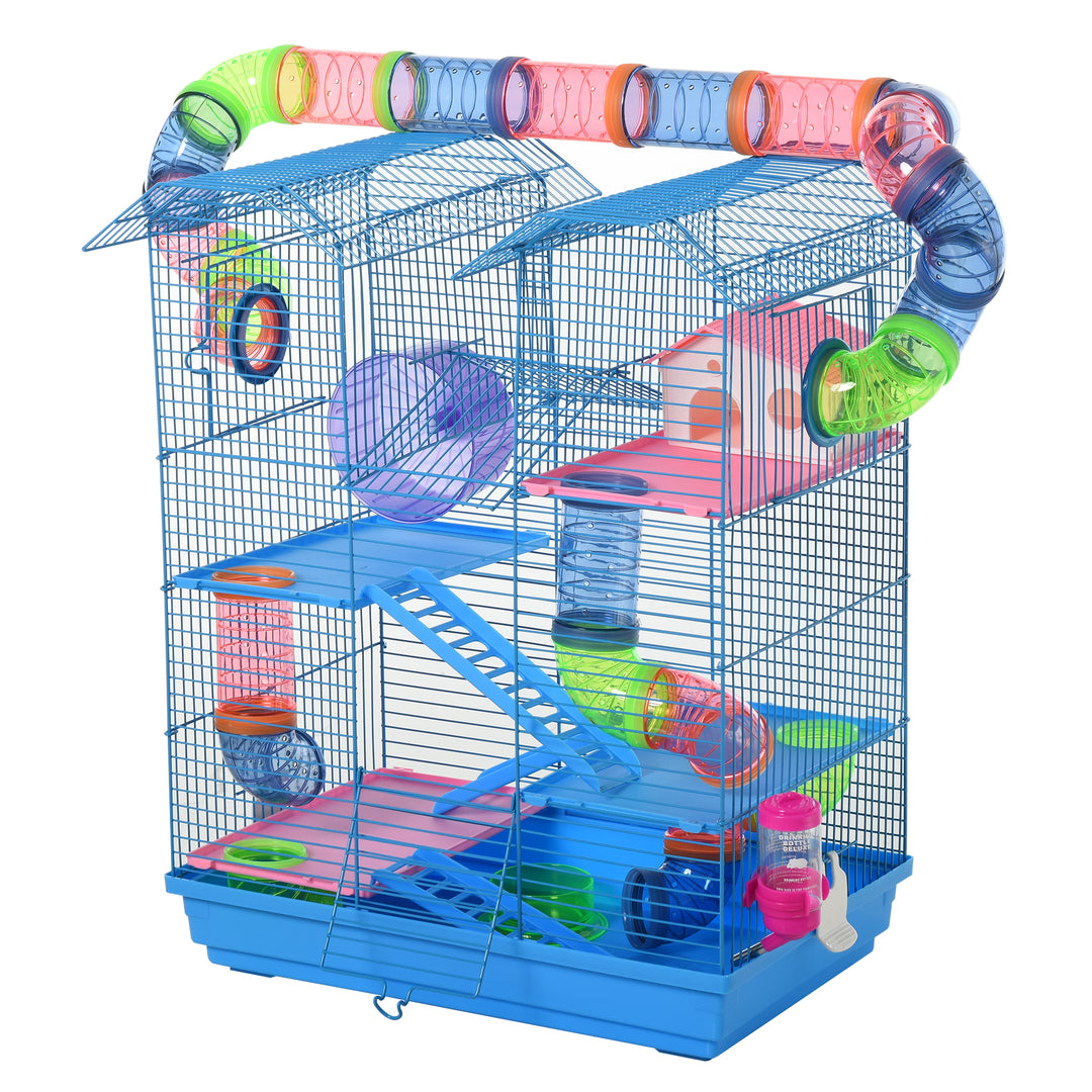 PawHut 5 Tier Hamster Cage Carrier Habitat with Exercise Wheels Tunnel Tube Water Bottle Dishes House Ladder for Dwarf Mice, Blue