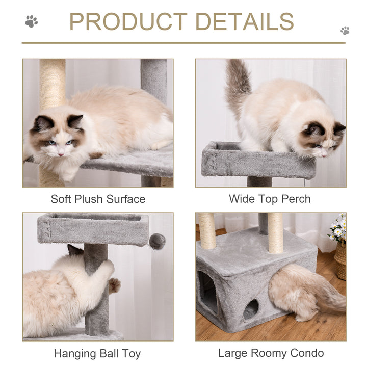 PawHut Cat Tree Kitten Tower 4-level Activity Centre Pet Furniture with Sisal Scratching Post Condo Plush Perches Hanging Ball Toys Grey