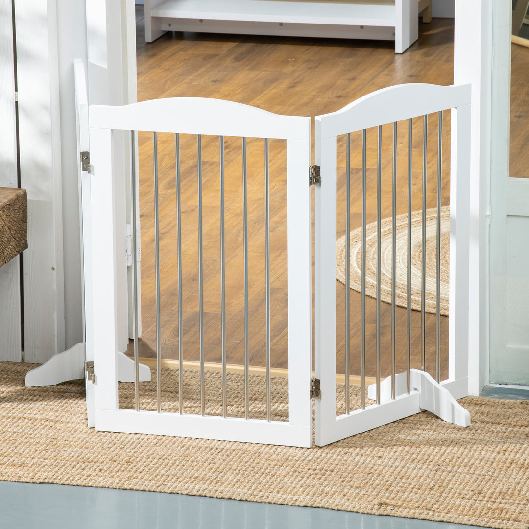 PawHut Foldable Dog Gate, Wooden Freestanding Pet Gate with 2 Support Feet, Dog Barrier for Doorways, Stairs, Halls - White