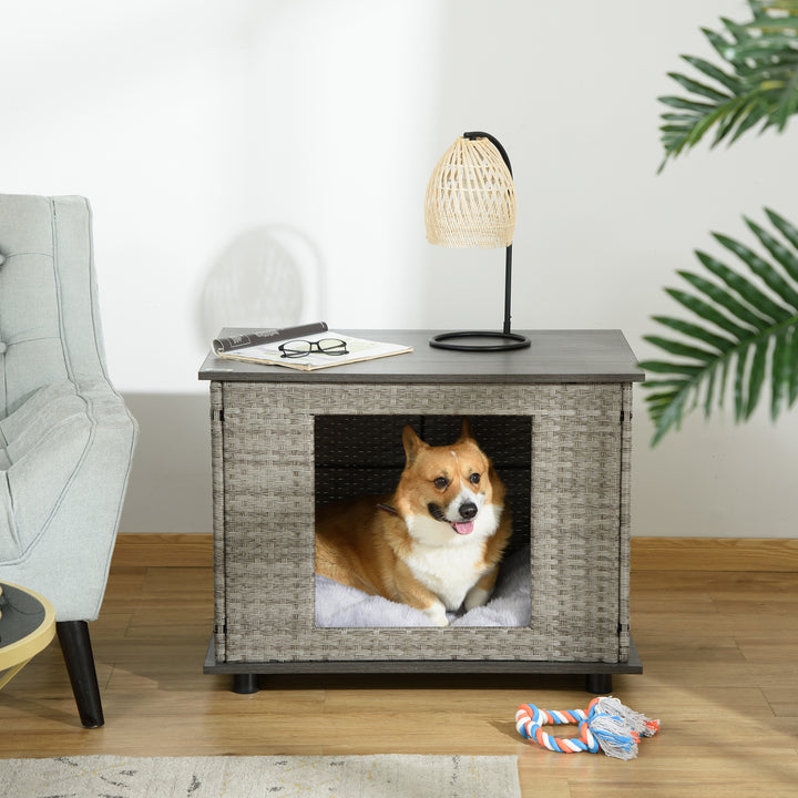 Wicker Dog House, Rattan Pet Bed, End Table Furniture, with Soft Cushion, For small and medium Dogs - Grey