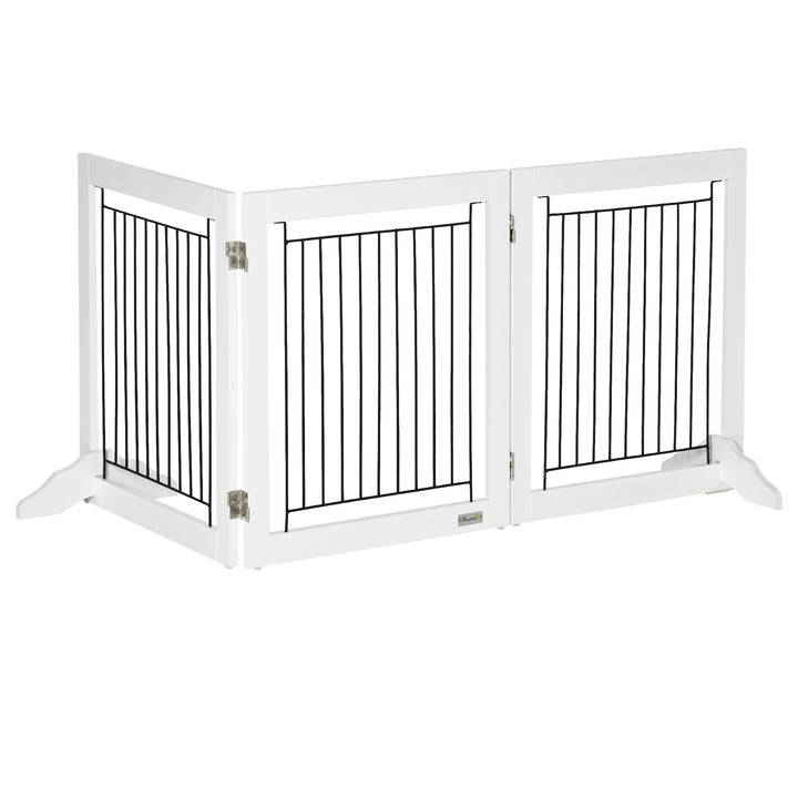 PawHut Dog Gate, Freestanding Pet Gate, Wooden Puppy Fence Foldable Design with 61 cm Height 3 Panels, 2 Support Feet, for House Doorway Stairs White