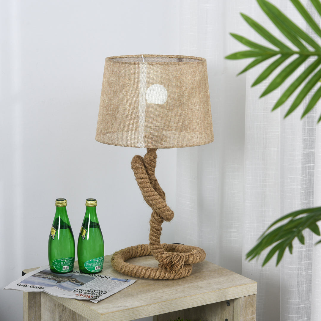 HOMCOM Nautical Style Rope-Base Table Lamp w/ Fabric Lampshade Metal Frame Power Switch Unique Lighting Furnishing Bedroom Living Room Study Beige