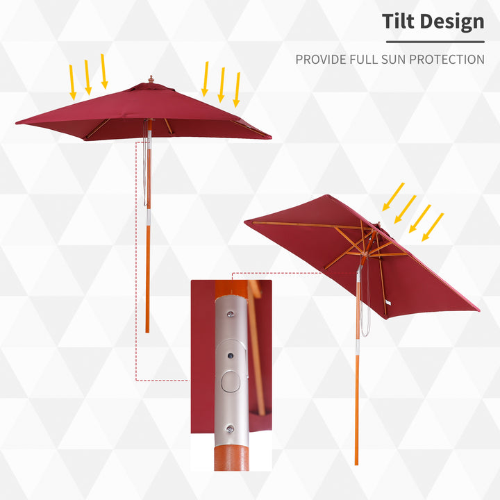 Outsunny 2 x 1.5m Patio Garden Parasol Sun Umbrella Sunshade Canopy Outdoor Backyard Furniture Fir Wooden Pole 6 Ribs Tilt Mechanism - Wine Red