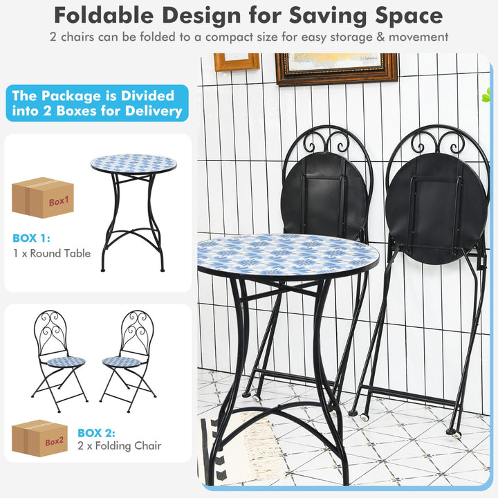 Outdoor Mosaic Patio Bistro Set with Folding Chairs