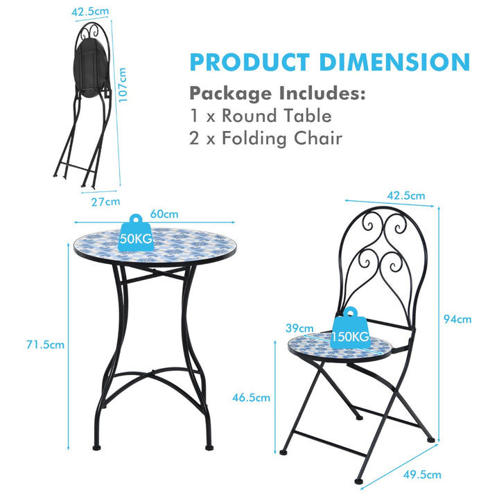 Outdoor Mosaic Patio Bistro Set with Folding Chairs