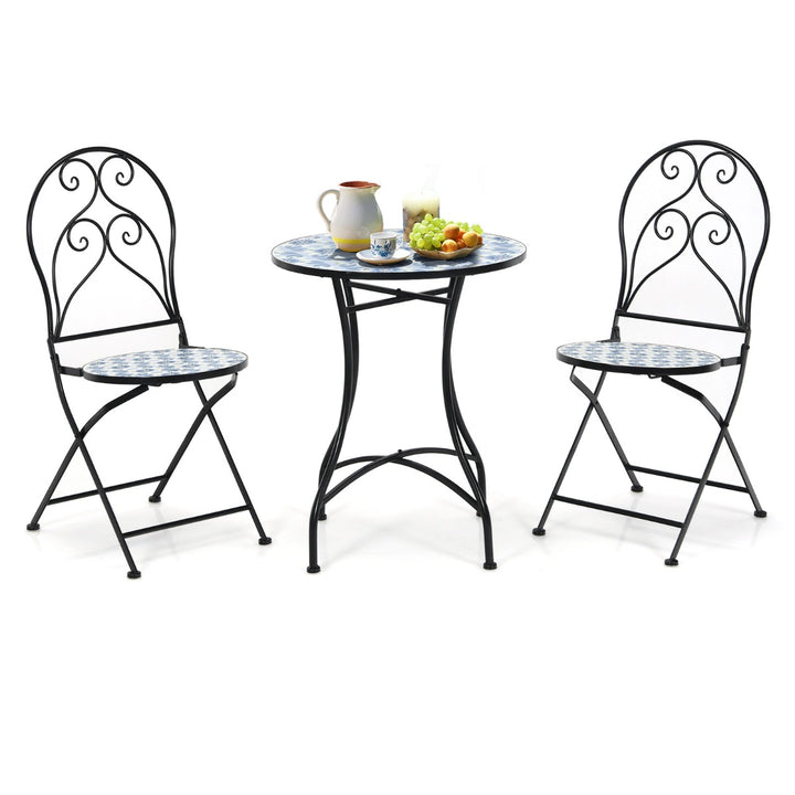 Outdoor Mosaic Patio Bistro Set with Folding Chairs