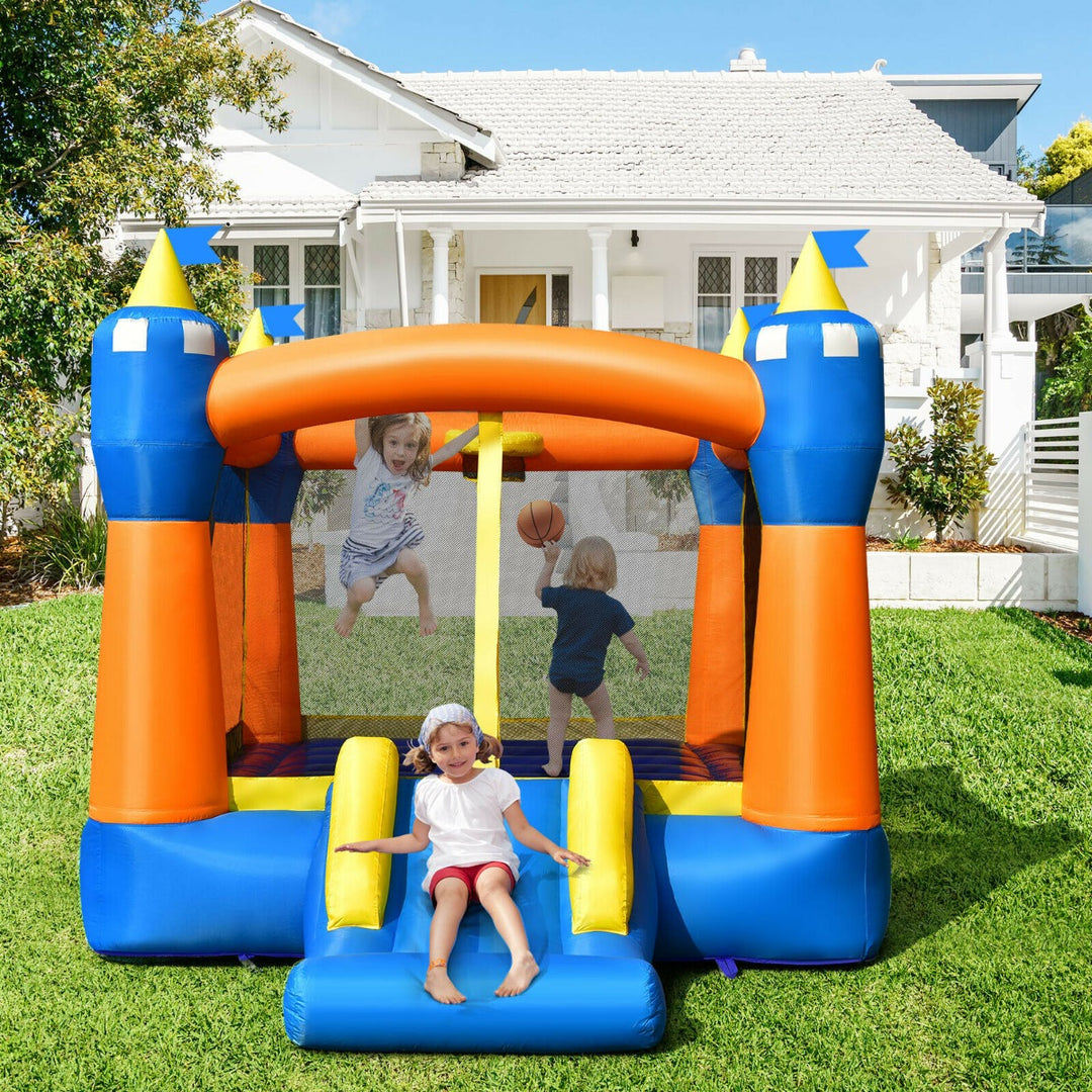 Kids Cute Castle Jumping Bouncer with Basketball Rim and Slide