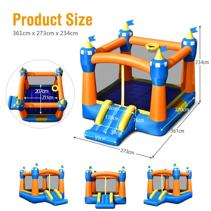 Kids Cute Castle Jumping Bouncer with Basketball Rim and Slide