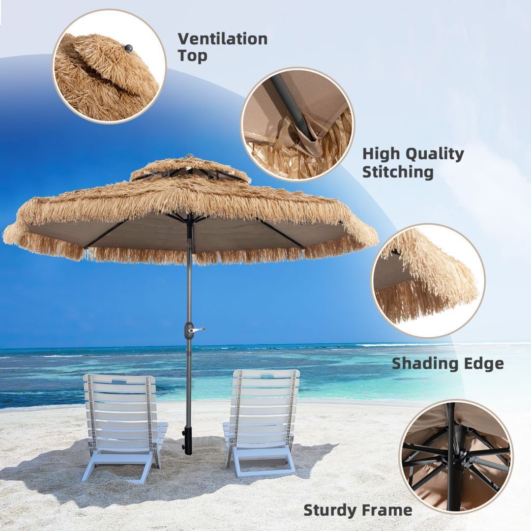 Thatched Tiki Umbrella 2 Tier Hawaiian Style Hula Patio Beach Parasol