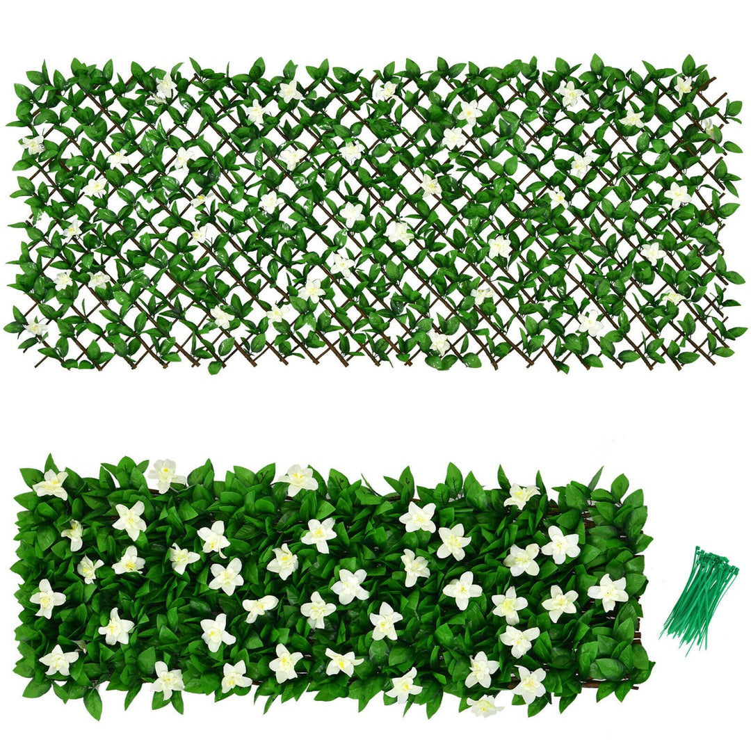 Expandable Artificial Hedge Fence with White and Purple Flowers-White