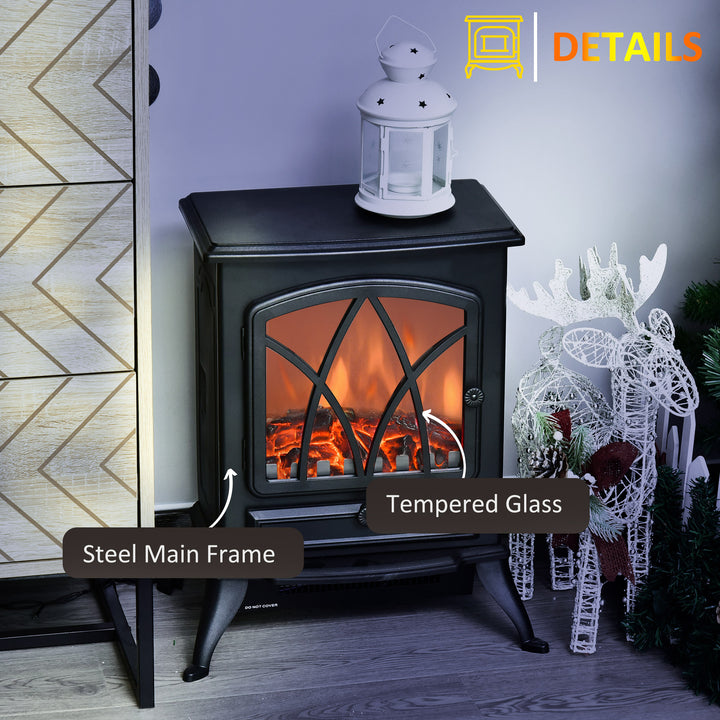 Free Standing Electric Fireplace Stove with Fan and Log Burning Flame Effect 2000W / 1000W Room Heater Wood Burner 2 Heat Settings  (Black)