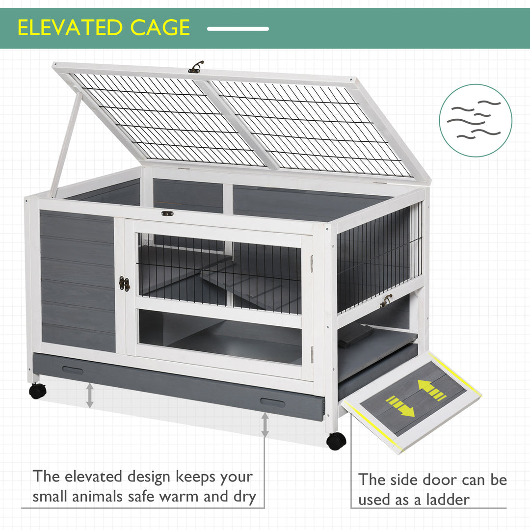 PawHut Wooden Guinea Pigs Hutches Elevated Pet Bunny House Rabbit Cage with Slide-Out Tray Indoor Grey