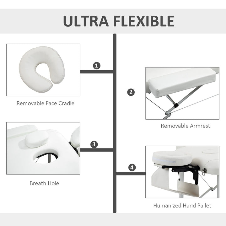 Folding PVC Leather Massage Table Aluminium Frame w/ Headrest Armrests Padding Handle Carry Bag Adjustable Height 3-Way Tri-Fold White