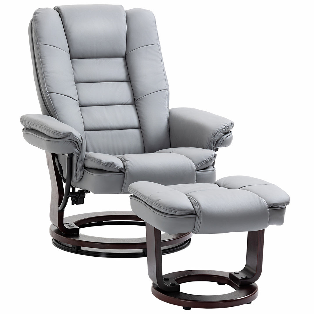 HOMCOM Manual Recliner and Footrest Set PU Leather Leisure Lounge Chair Armchair with Swivel Wood Base, Grey