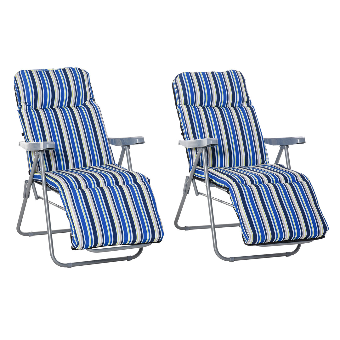 Outsunny Set of 2 Garden Sun Lounger Outdoor Reclining Seat Cushioned Seat Foldable Adjustable Recliner Blue and White