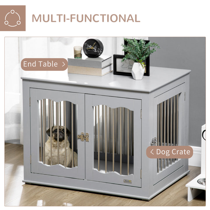 PawHut Dog Crate End Table with Three Doors, Furniture Style Dog Crate for Medium Dogs with Locks & Latches, Grey