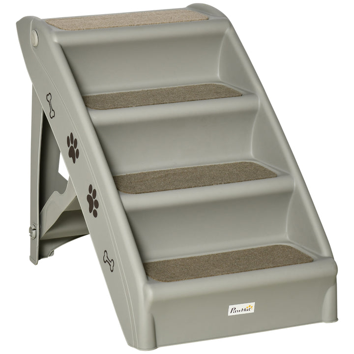 PawHut Foldable Pet Stairs, 4-Step for Cats Small Dogs with Non-slip Mats, 62 x 38 x 49.5 cm, Grey