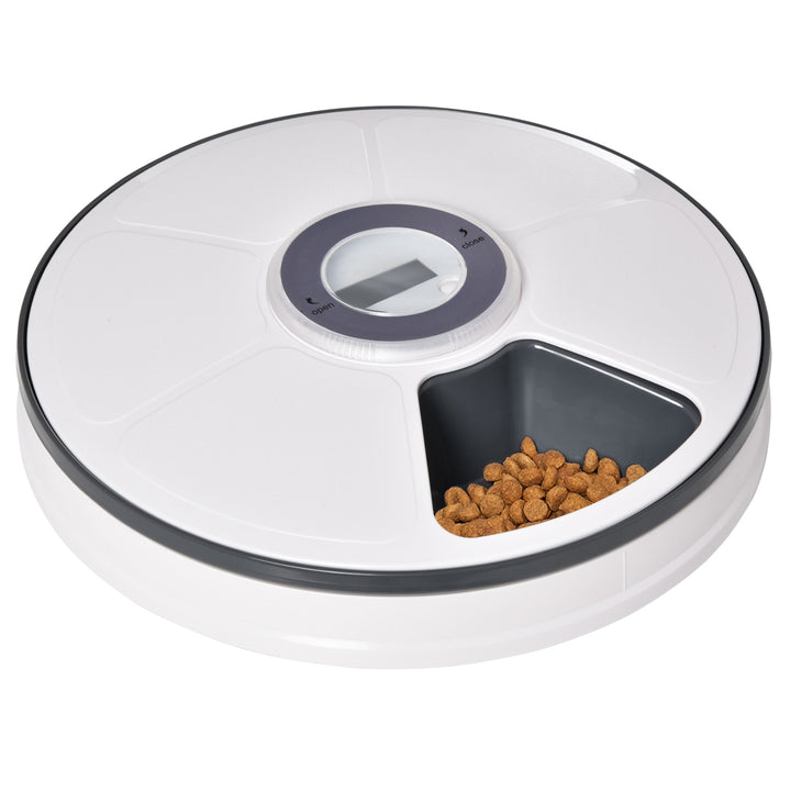 PawHut Automatic Pet Dog Cat Feeder with Digital Timer, 6-Meal Food Dispenser Trays for Wet or Dry Pet Food, LED Display Power by Battery