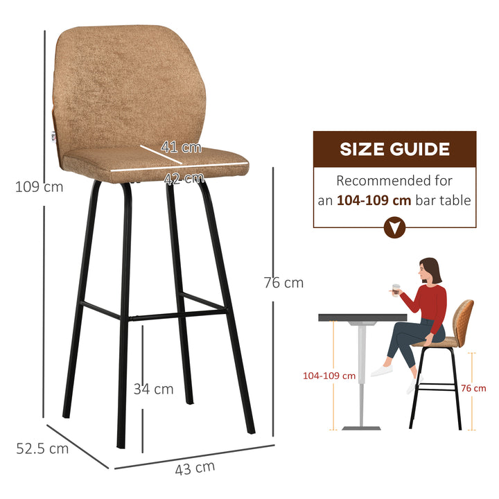 Bar Stools Set of 2, Linen-Touch Upholstered Bar Chairs, Kitchen Stools with Backs and Steel Legs, Light Brown