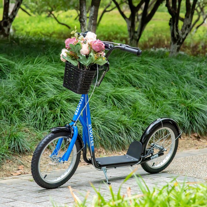 Kids Kick Scooter Teen Ride On Children Scooter with Adjustable Handlebar 2 Brakes Basket Cupholder Mudguard 16" Inflatable Rubber Tyres Blue
