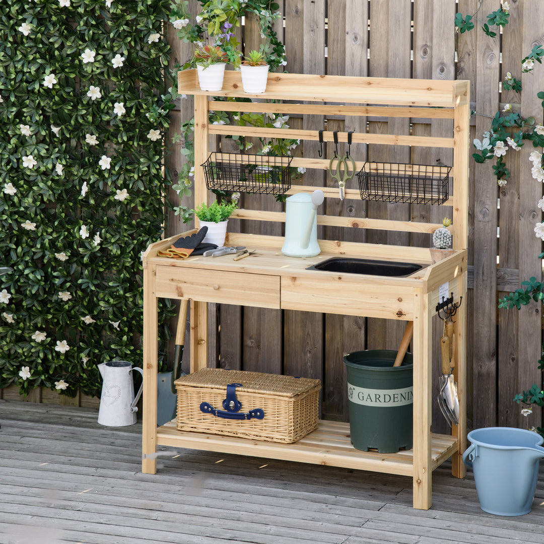 Outsunny Potting Bench Table, Garden Work Bench, Workstation with Metal Sieve Screen, Removable Sink, Additional Hooks and Baskets for Patio, Balcony