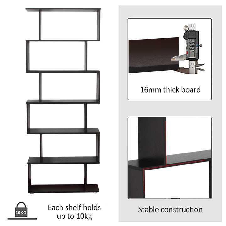 S Shape Wooden 6-tier Bookshelf Open Concept Bookcase Storage Display Unit for Home Office Living Room, Black