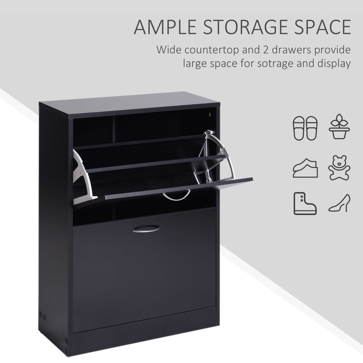 HOMCOM Shoe Cabinet Storage Cupboard 2-Tier Wood Tipping Bucket Modern Hall Organizer with Drawer Adjustable Shelf Large-Capacity Black