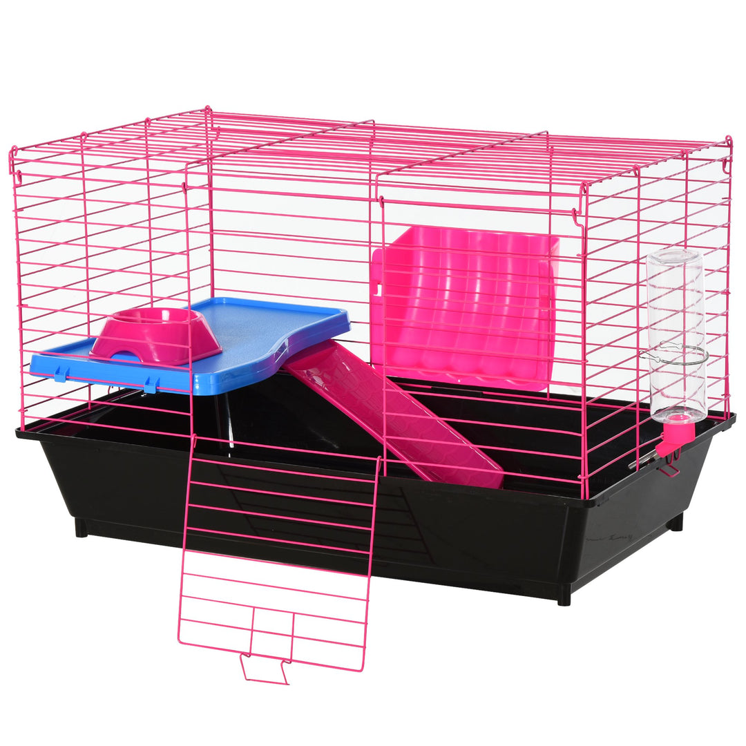 PawHut Dwarf Hamster Metal Cage w/ Tunnels Water Bottle Food Dish Pink