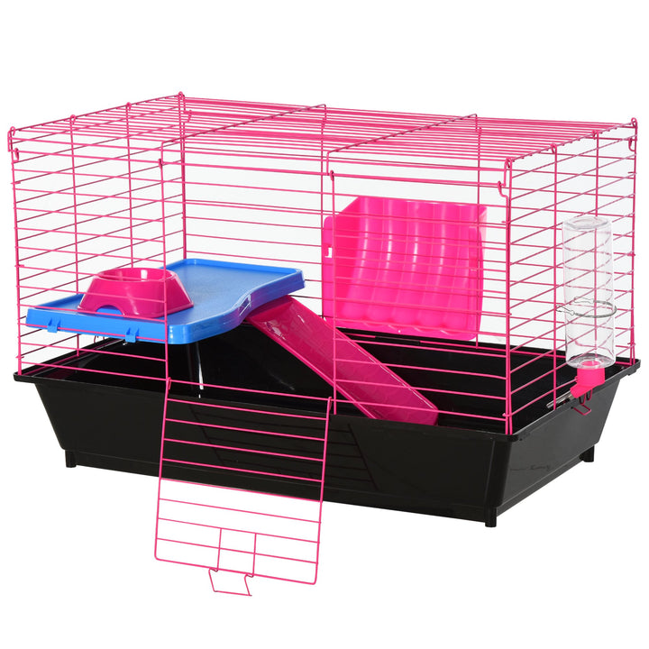 PawHut Dwarf Hamster Metal Cage w/ Tunnels Water Bottle Food Dish Pink