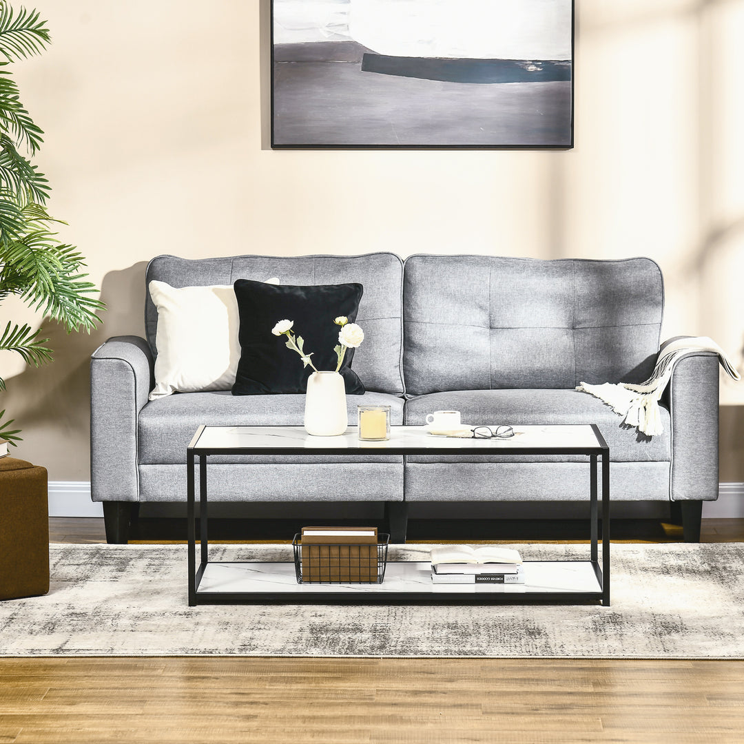 HOMCOM Modern Coffee Table with Faux Marble Top, Cocktail Table with 2-Tier Storage and Steel Frame for Living Room, White