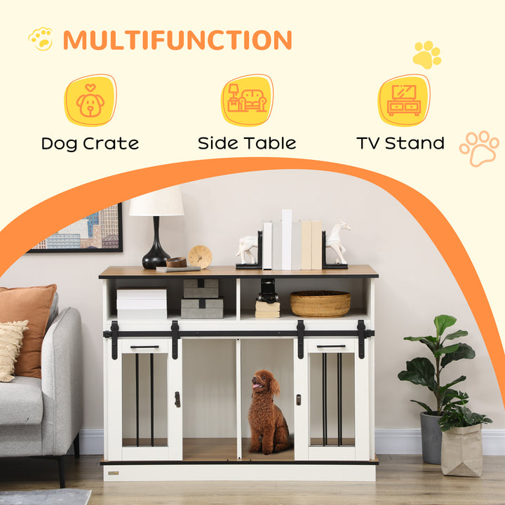 PawHut Dog Crate Furniture for Small & Large Dogs with Movable Divider, Dog Cage End Table with Shelves, Sliding Doors, 120 x 60 x 88.5 cm, White