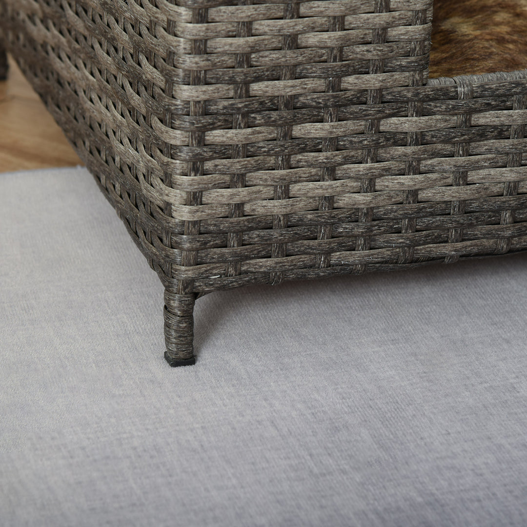 PawHut Rattan Dog Cat Bed Four Feet Pet House Hand-knitted Metal Small Animal Sofa Rattan with Soft Machine Washable Cushion White-gray