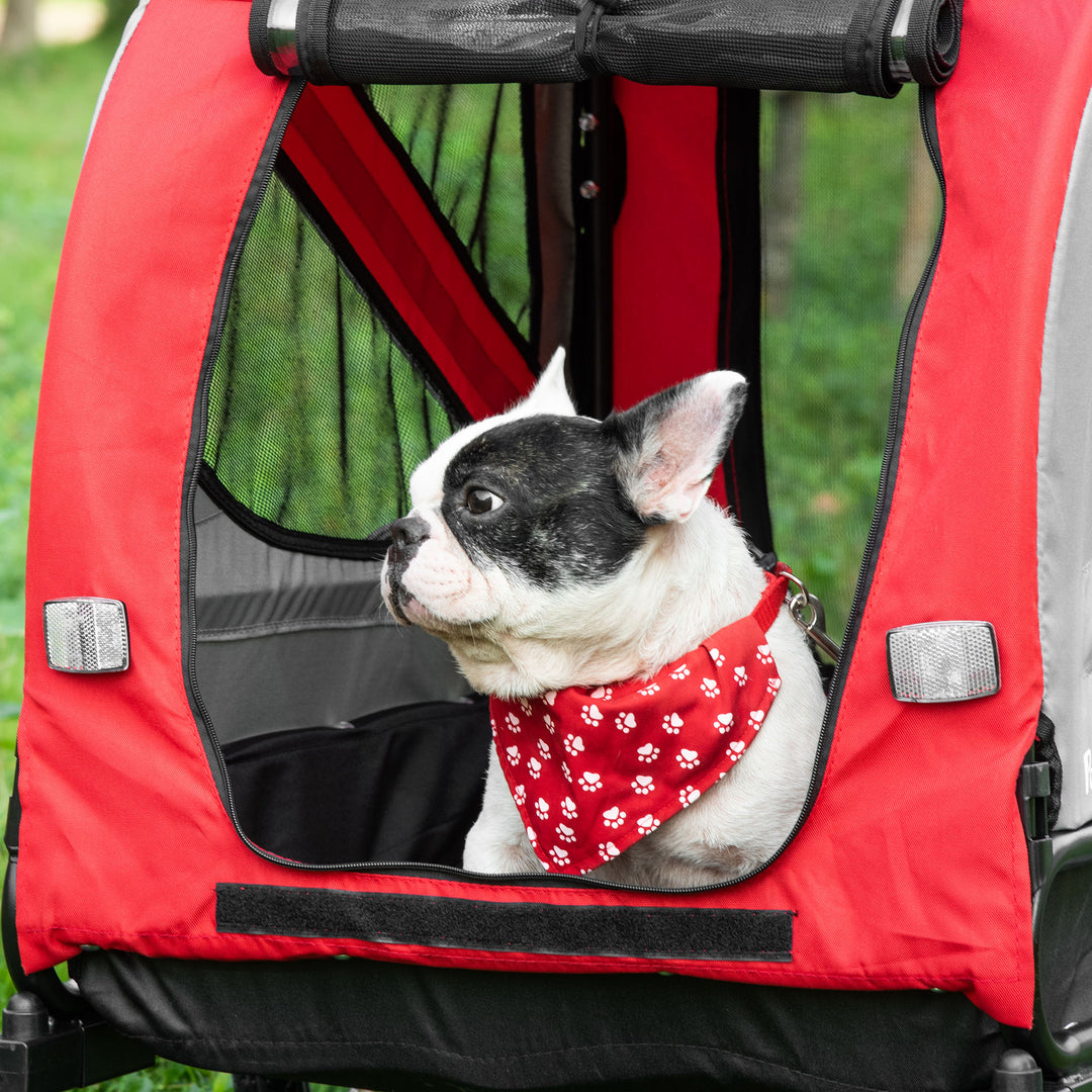 PawHut Dog Bike Trailer 2-in-1 Pet Stroller Cart Bicycle Carrier Attachment for Travel in steel frame with Universal Wheel Reflectors Flag Red