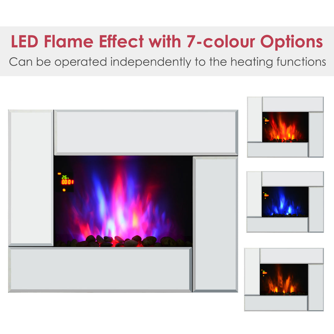 1800W Wall Mounted Electric Fireplace Heater 7 Coloured LED Light Fire Glass Screen with Pebble Effect &amp; Remote Control