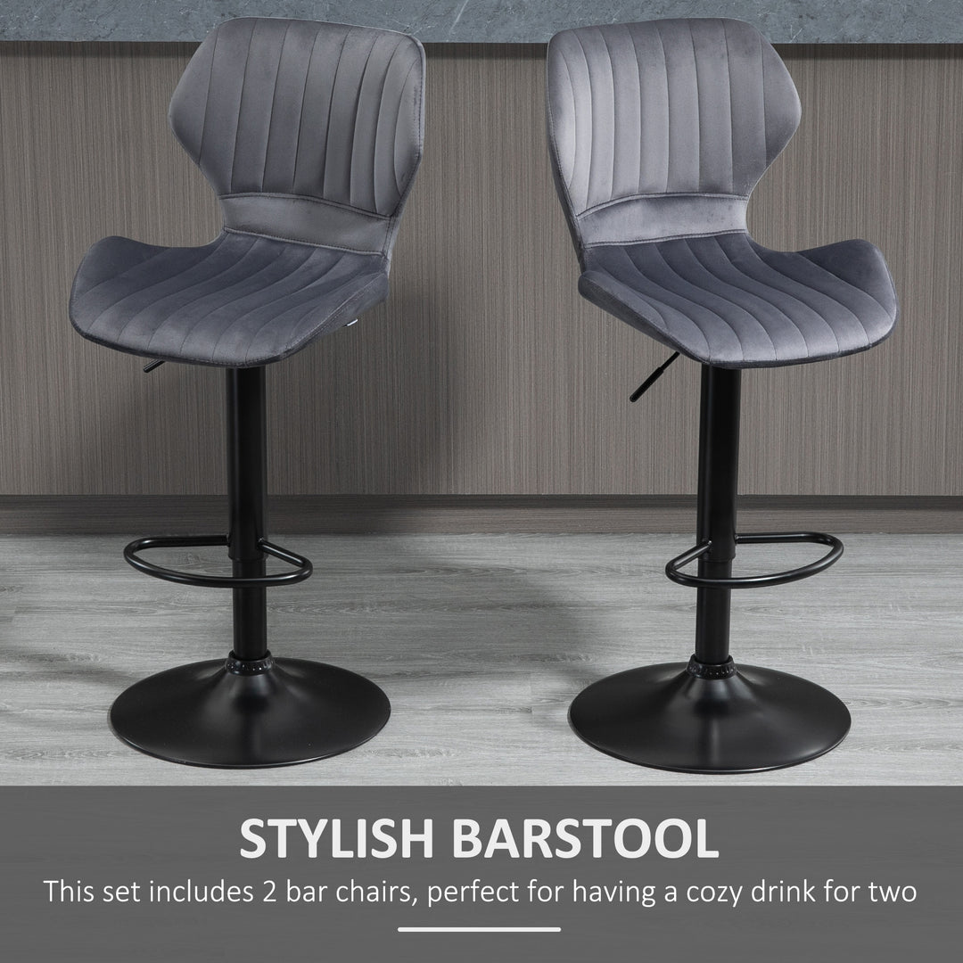 Bar Stool Set of 2 Velvet-Touch Fabric Adjustable Height Swivel Counter Chairs with Footrest, Grey
