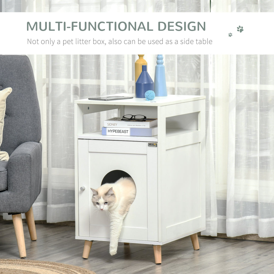 PawHut Cat Litter Box Enclosure Washroom Cave House Decorative End Table Wooden Cabinet Indoor with Magnetic Door Multiple Storage Space White