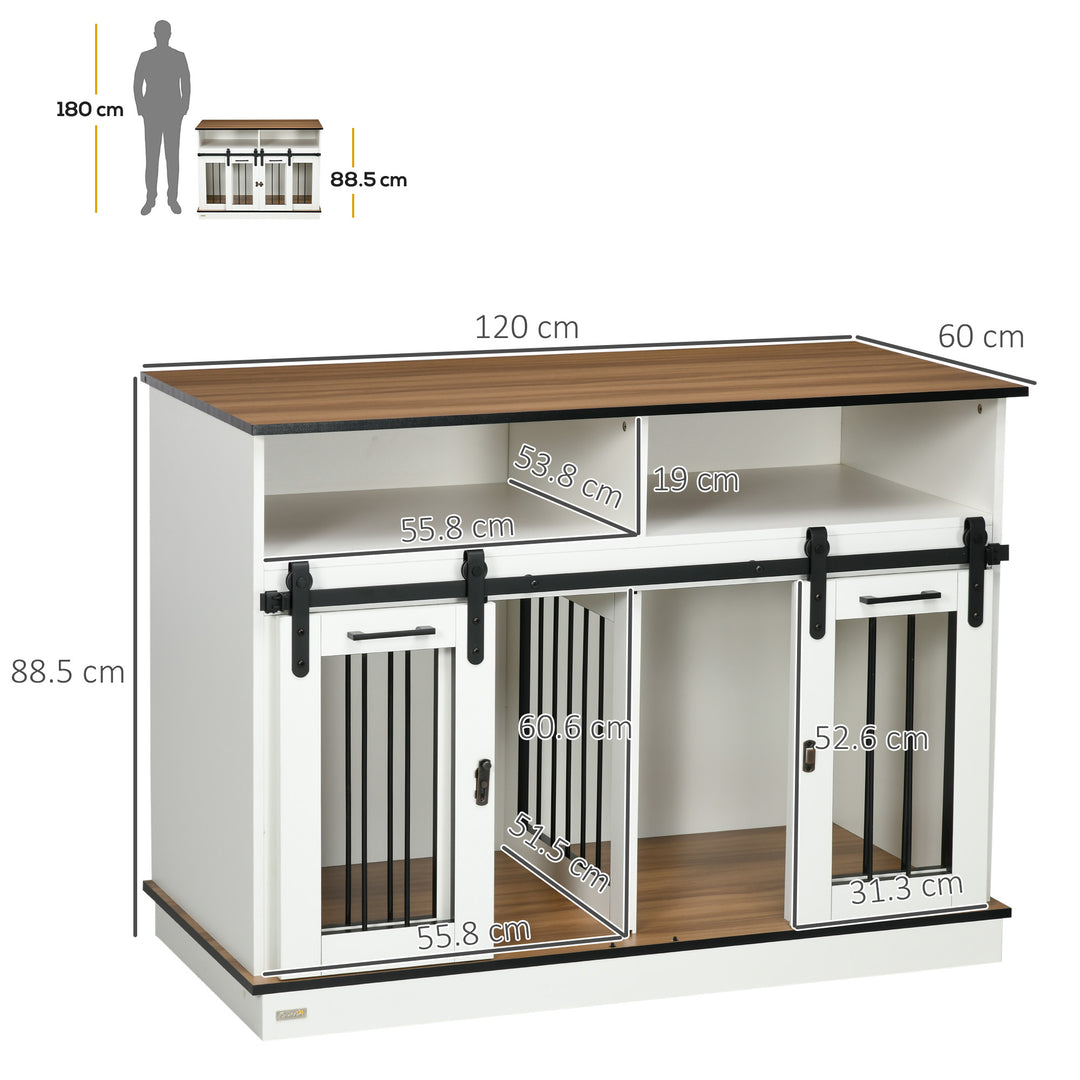 PawHut Dog Crate Furniture for Small & Large Dogs with Movable Divider, Dog Cage End Table with Shelves, Sliding Doors, 120 x 60 x 88.5 cm, White